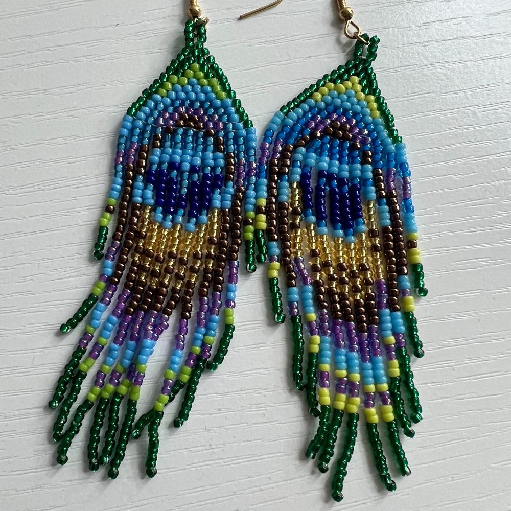 Peacock Feather Beaded Statement Boho Earrings - image 1